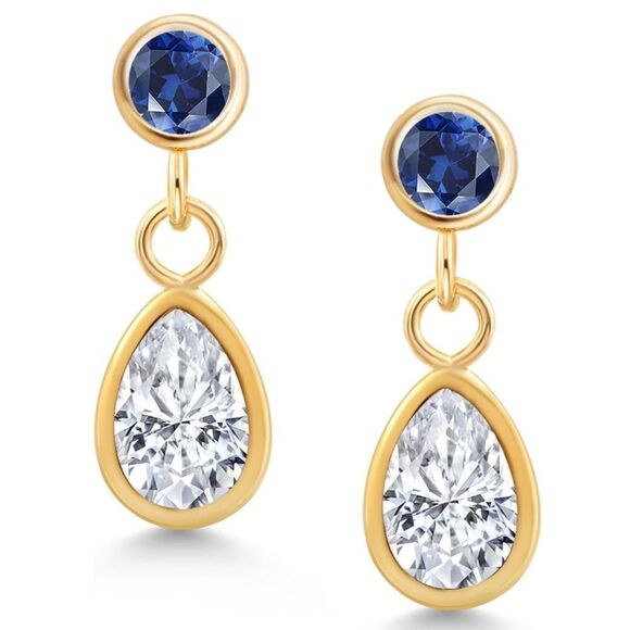 14K Yellow Gold with 1.08 Cttw White Moissanite and Royal Blue Sapphire Earrings